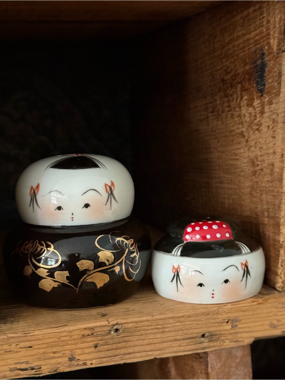 Vintage Japanese Kokeshi-style Ceramic Salt and Pepper Shakers Black & White